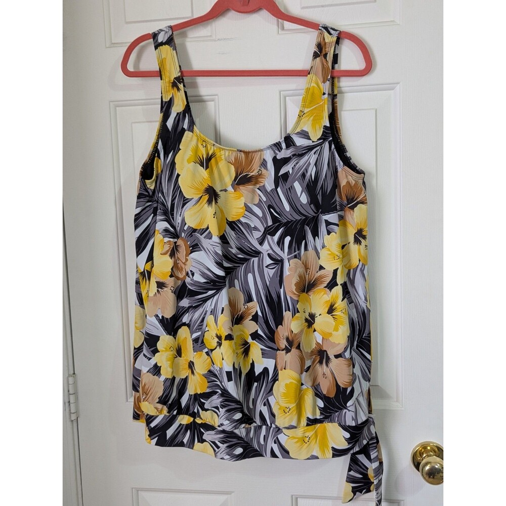 Beach Belle Tankini Swim Top Women's Plus 22 Black Yellow Built In Bra Side Tie
